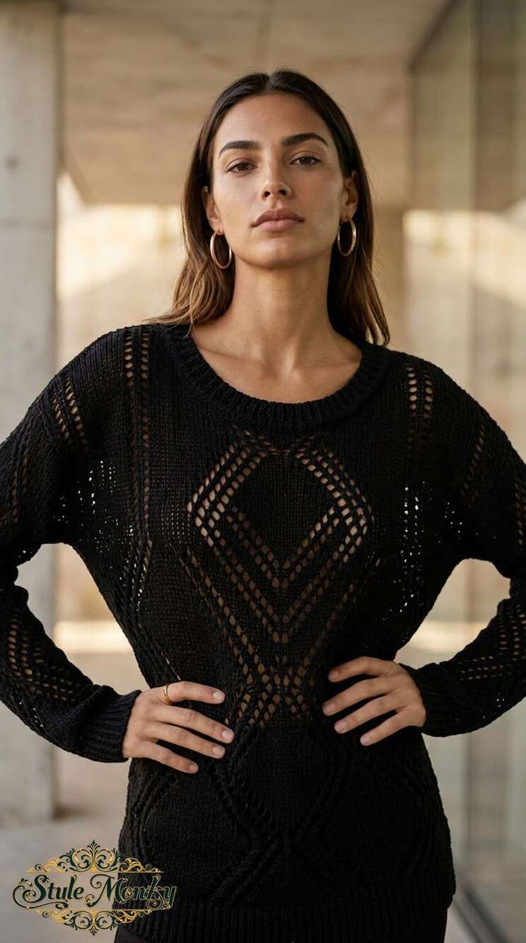 ONLY Pointelle Knit Sweater Size XS Black Long Sleeve Open Weave Pullover